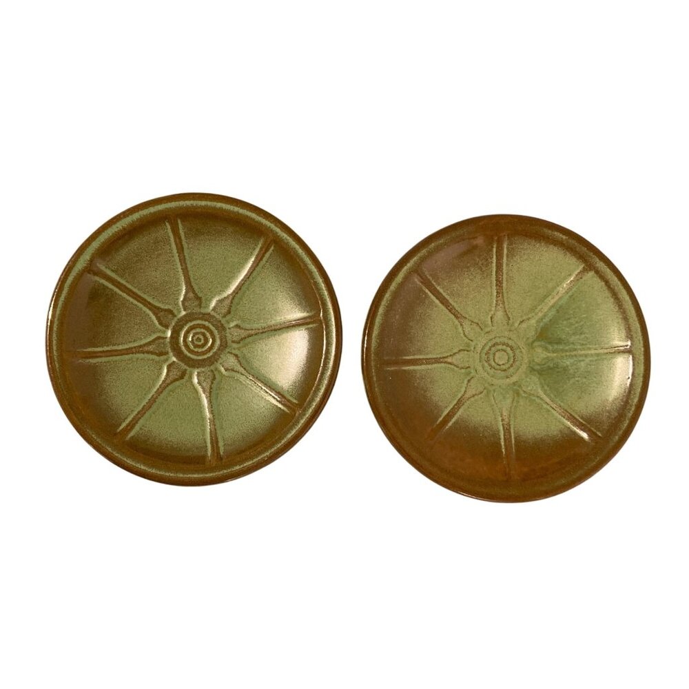 Frankoma Pottery Prairie Green Wagon Wheel 5" Saucer Dessert Plates Set of 2